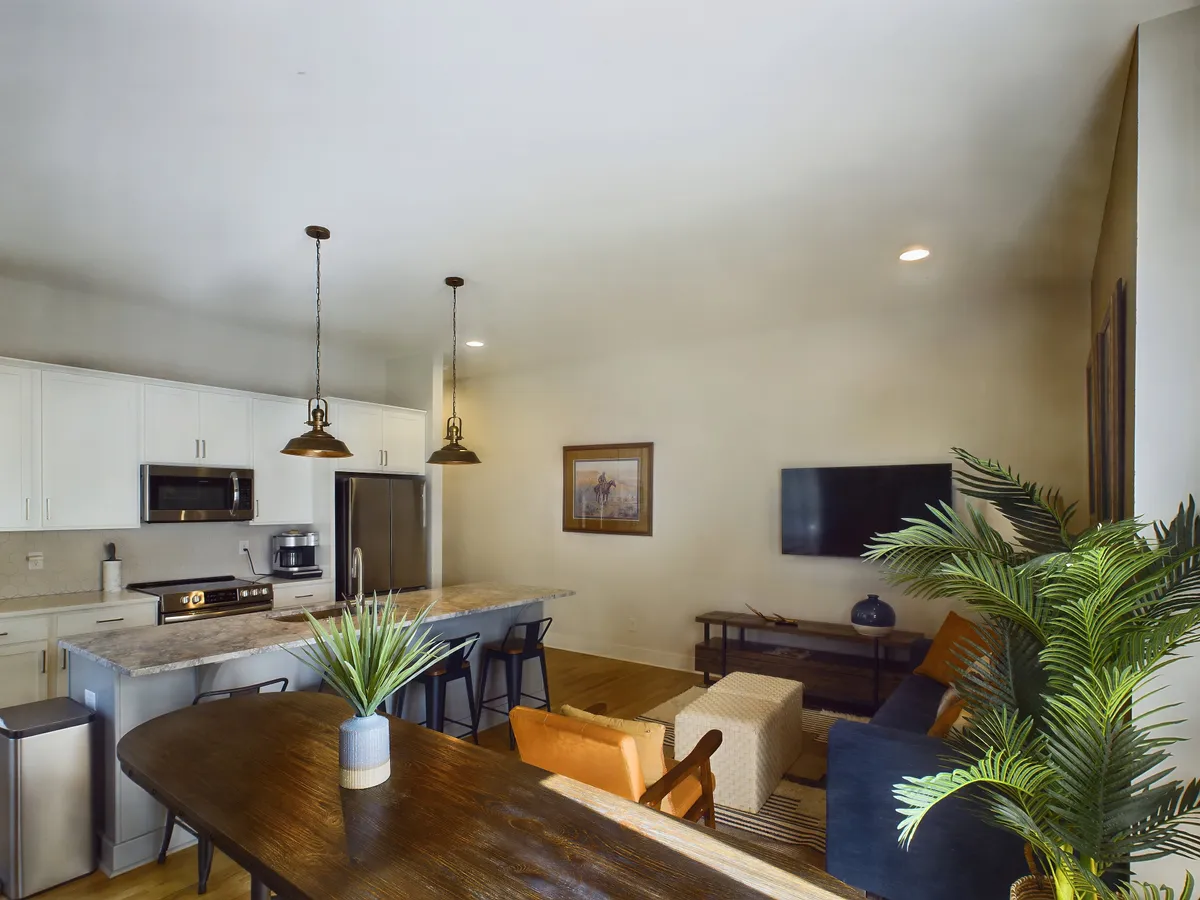 A harmonious interior view featuring a modern kitchen island, adjacent living area, vibrant indoor plants, wall art, and a visible television. The image captures both the kitchen and lounge spaces in one perspective, emphasizing ease of movement and connection.
